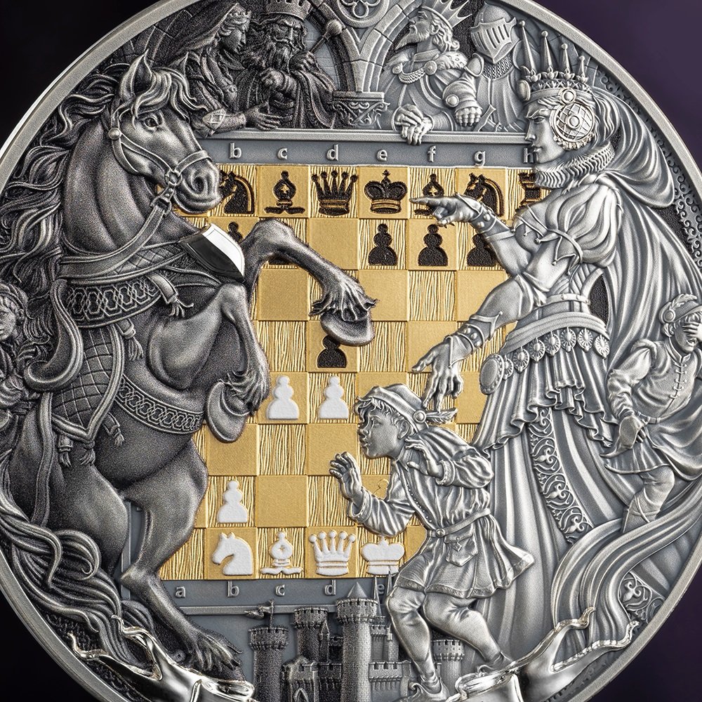 Sidabrinė moneta Karalienės Gambitas iš serijos Šachmatų mūšis, 3 oz