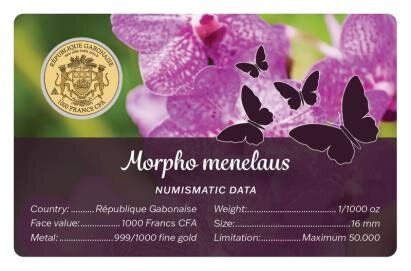 Auksinė moneta Drugelis Menelaus Morpho Butterfly, 1/1000 oz