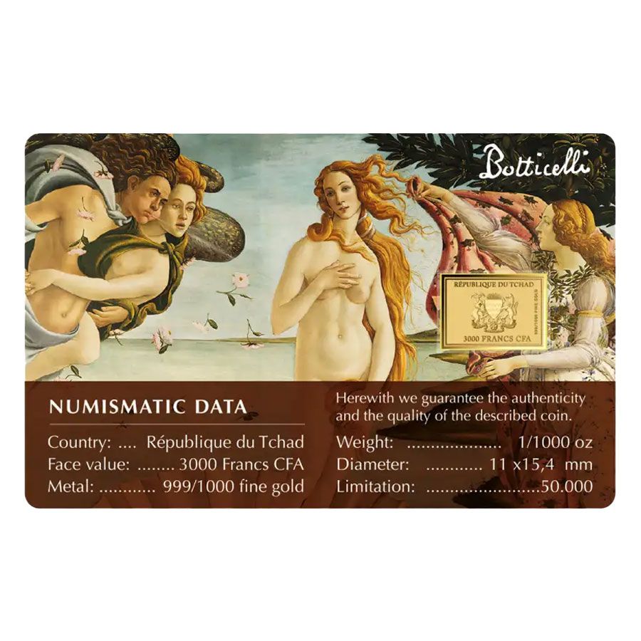 Auksinė moneta Veneros gimimas - Sandro Botticelli, 1/1000 oz